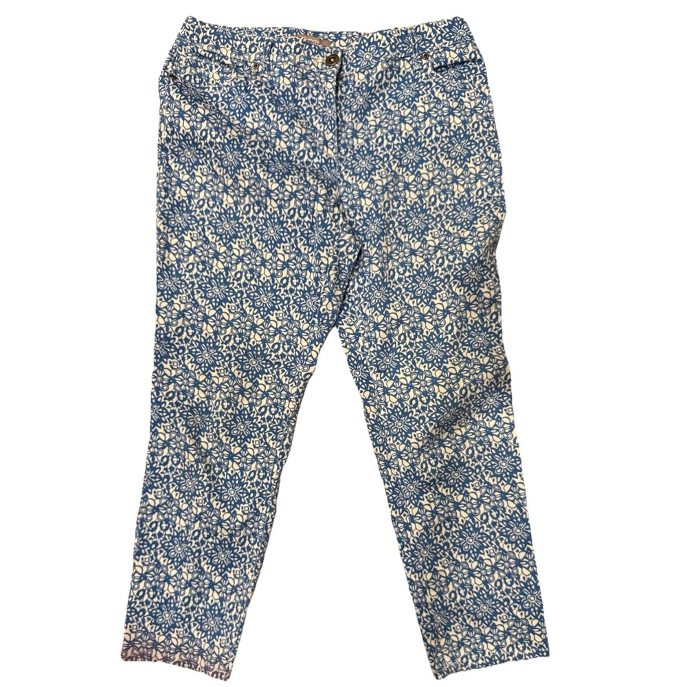 CHICO'S 1 (M-8) Scuba Blue Woodblock Haddie Cropped Pant Women Summer Beachy